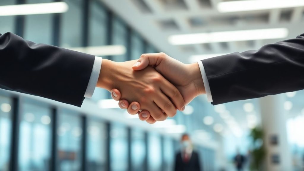 Două mâini strângându-se într-un birou modern.