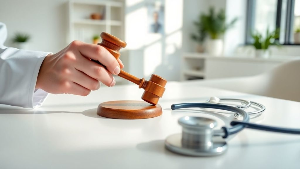 Medic ținând un ciocan juridic lângă stetoscop