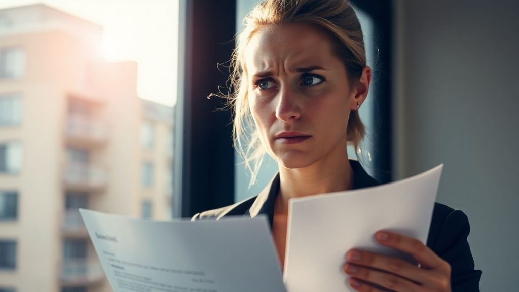 Persoană stresată cu document medical în fața clădirii de birouri.